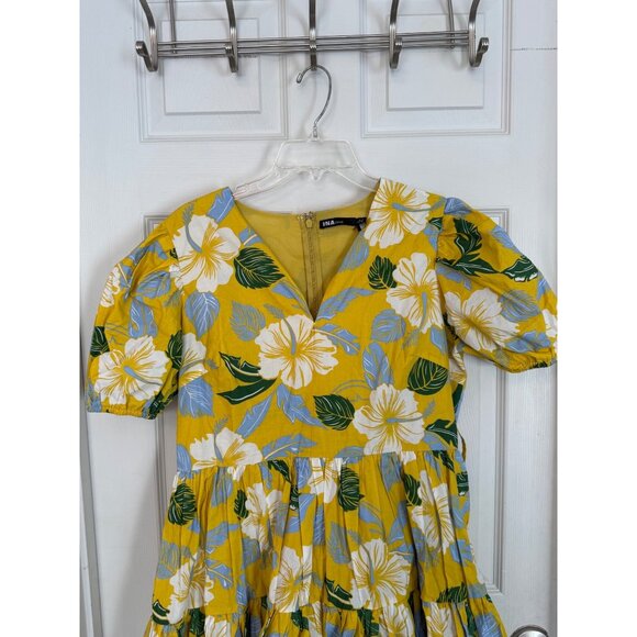 INA Yellow Tropical Floral Short sleeve V-neck Mini Dress Size Large - Picture 4 of 13